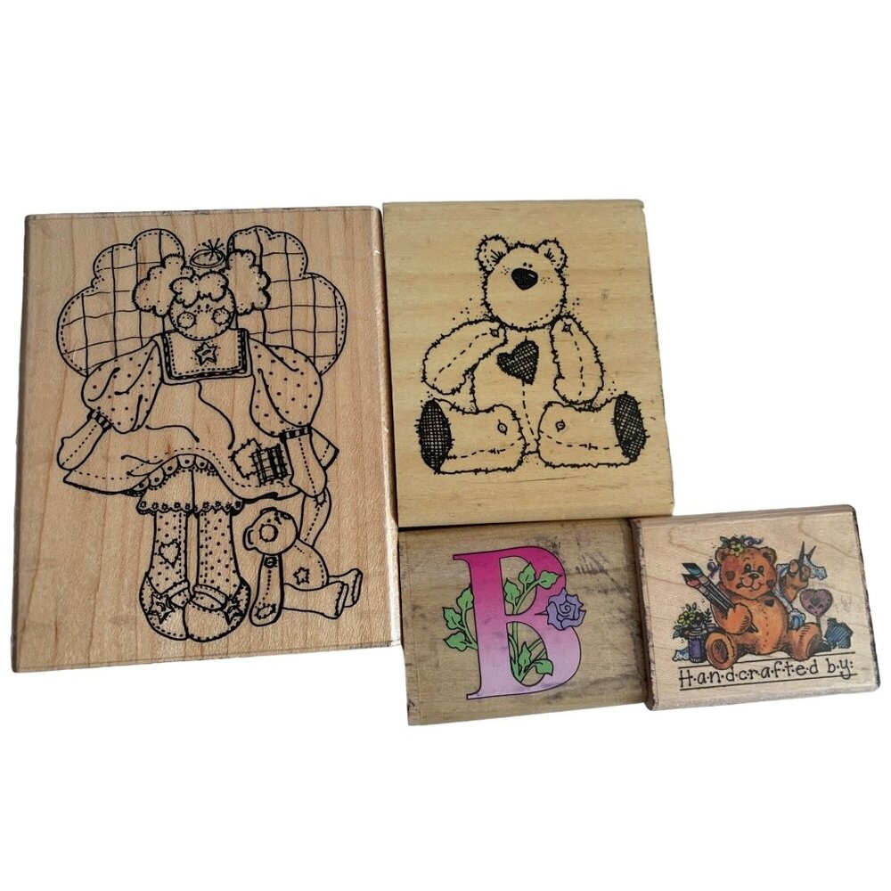 Rubber Stamps Lot Bear Angel B Monogram Cute Designs Wood Blocks